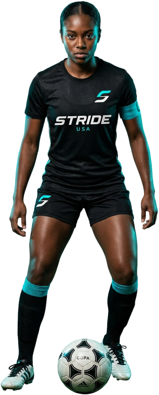 Female Stride USA footballer standing with the ball