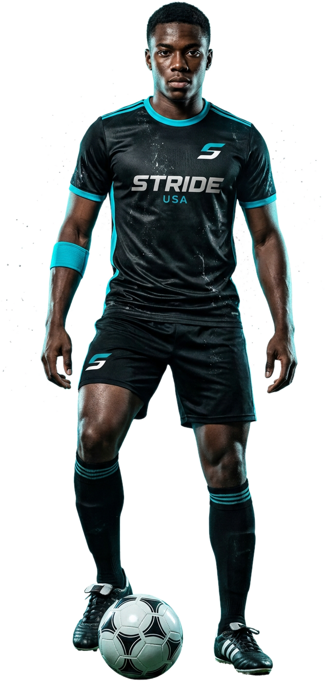 Stride USA footballer standing with the ball
