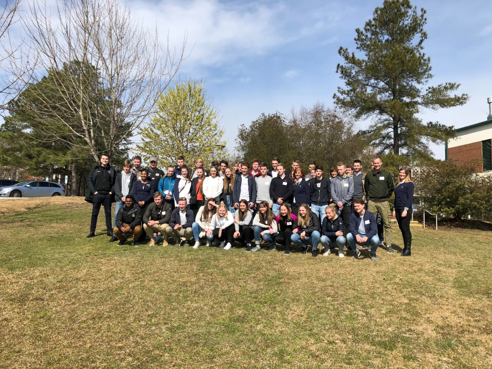 The Stride USA tour group of boys and girls on campus in North Carolina