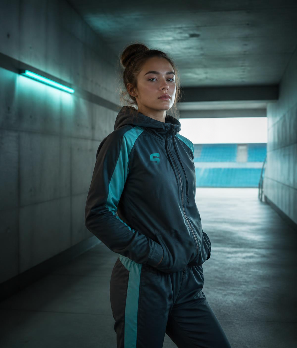 Student athlete in a university tracksuit inside a stadium tunnel