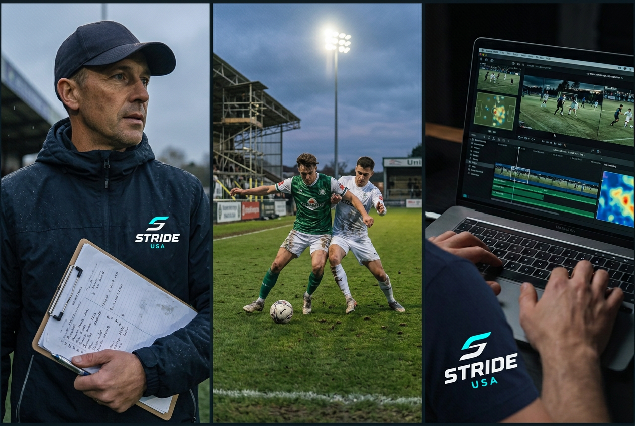 Illustrative Stride USA-clad scout watching a UK football match alongside video analysis