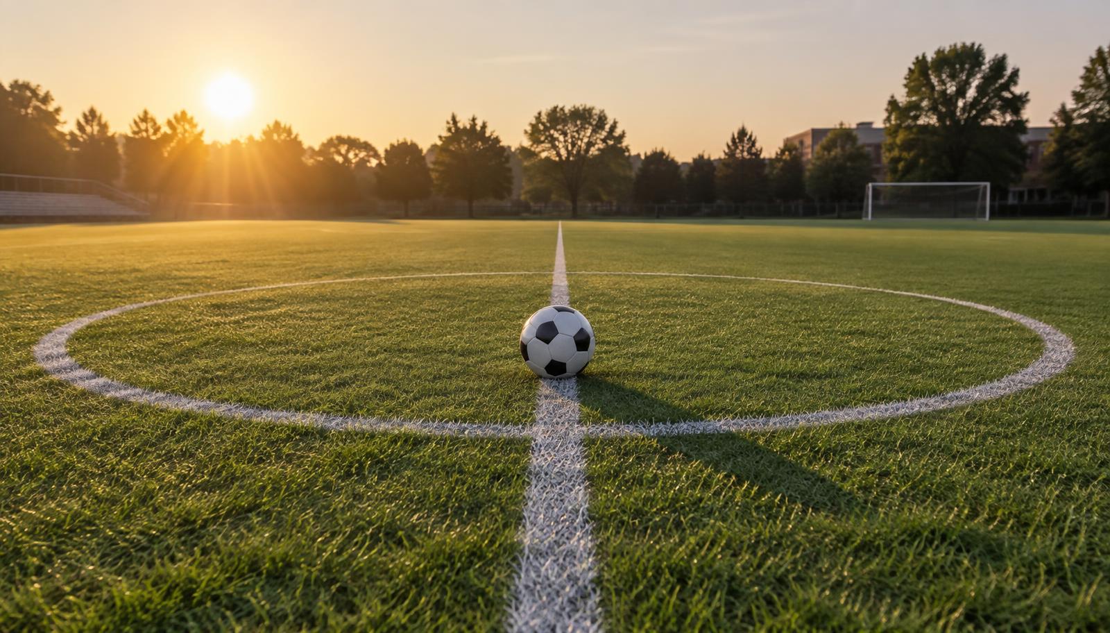A soccer ball on the centre circle of a college pitch