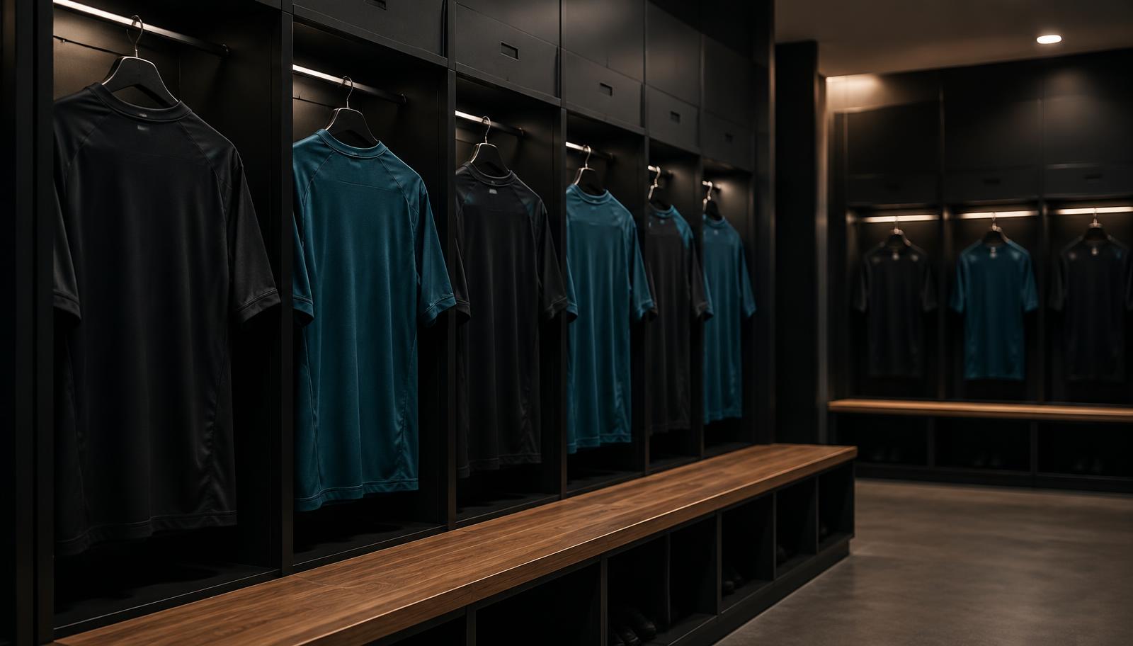 A college soccer locker room with plain hanging jerseys