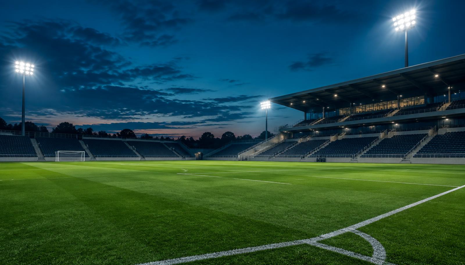 An empty college soccer pitch lit by floodlights at dusk