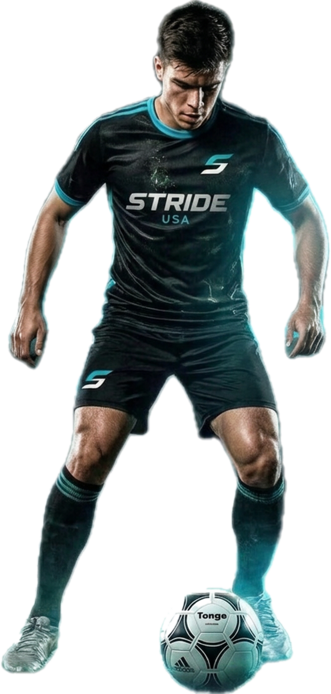 Stride USA footballer in the black and aqua home kit