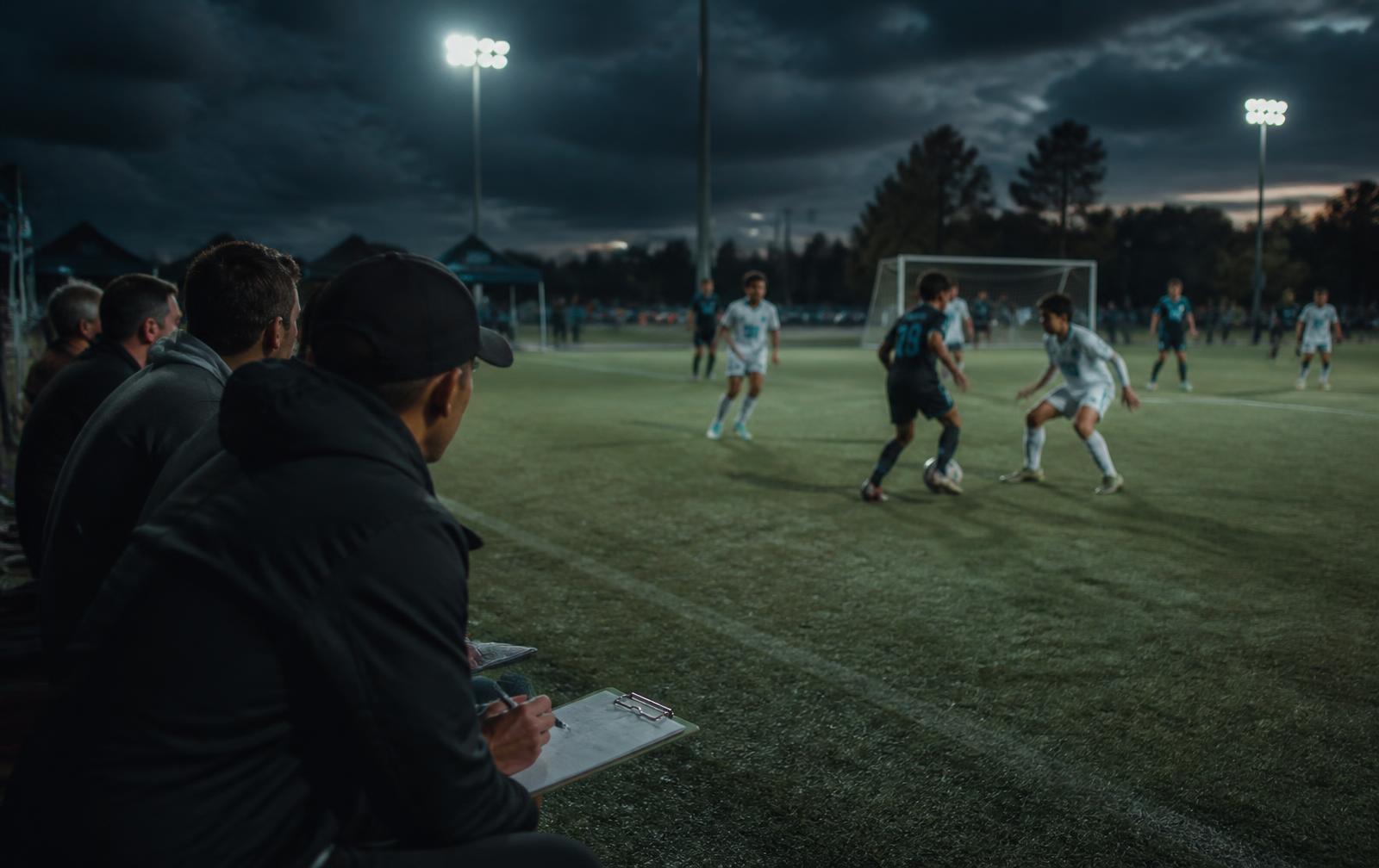College scouts watching a floodlit showcase match