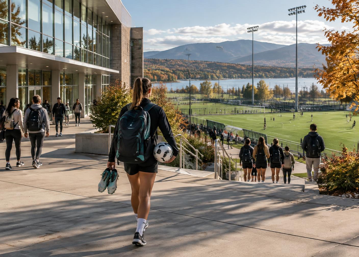 Female university footballer walking across an American campus towards the football pitches