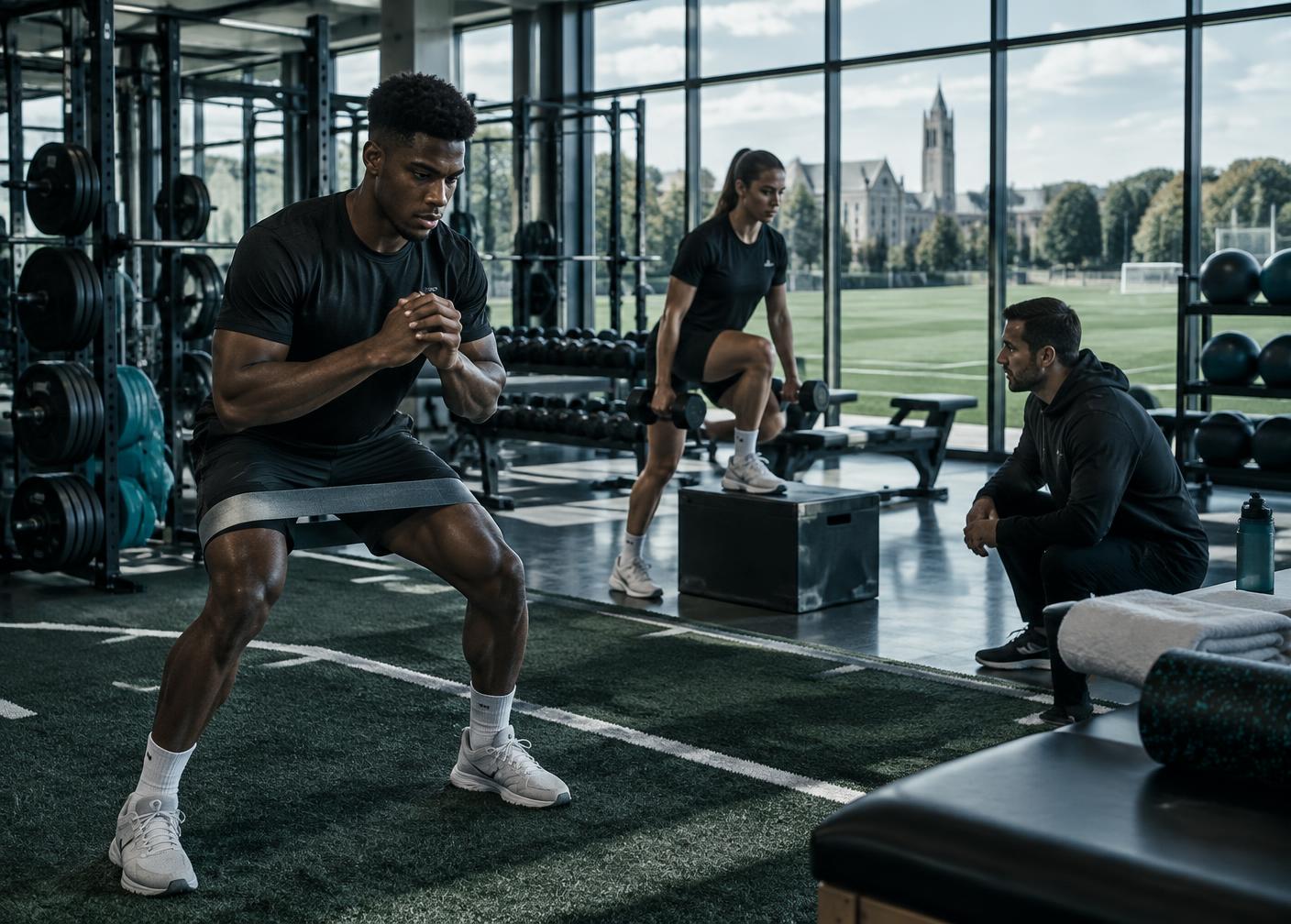 Male and female university footballers training in a modern performance centre